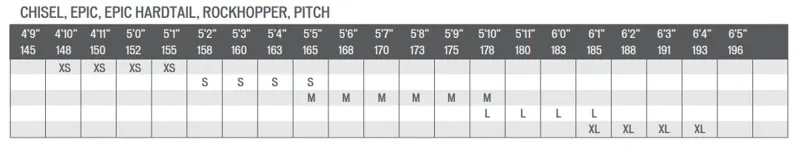 Specialized Size Chart